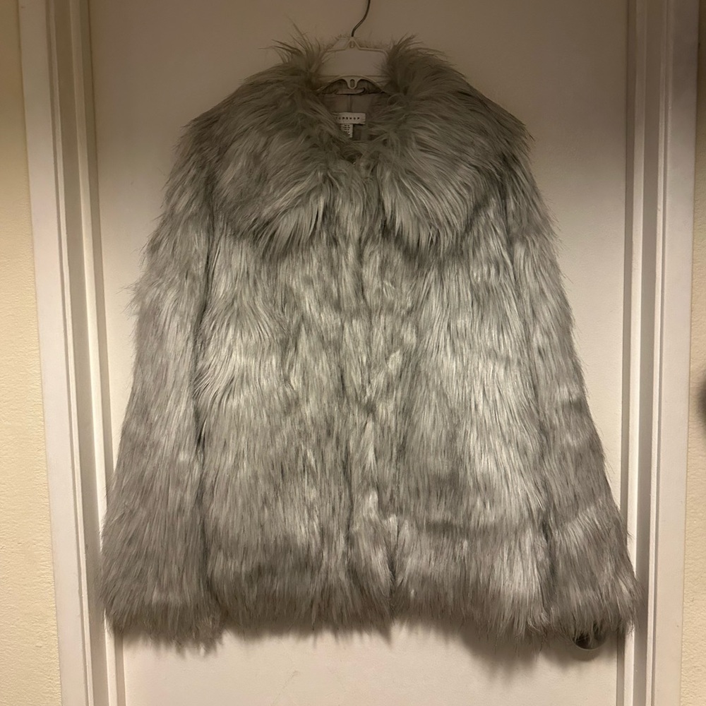 Topshop Gray Faux Fur Coat US 12 womens